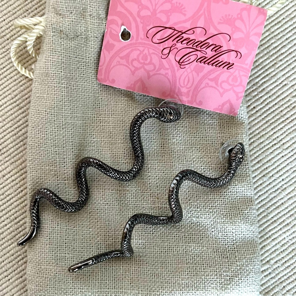 Theodora & Callum Silver Long Snake Earrings
